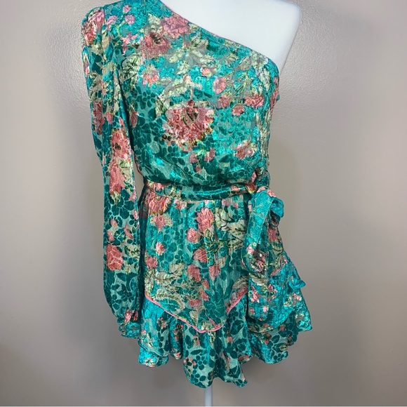 Hermant & Nandita Revolve Velvet Floral Metallic One Shoulder Mini Dress - Picture 15 of 16